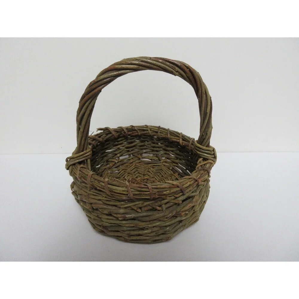 Vintage Wicker Wooden Stick Handled Basket Brown 8